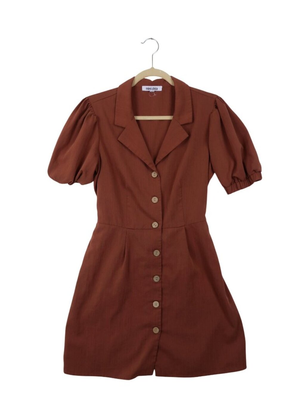 Mimi Chica L Puff Sleeve Button Down Mauve Rust Mini Dress